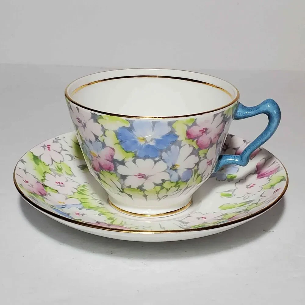 Crown Staffordshire Teacup and Saucer Pink Blue Flowers